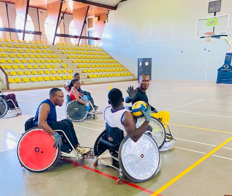 Athletes practicing wheelchair rugby